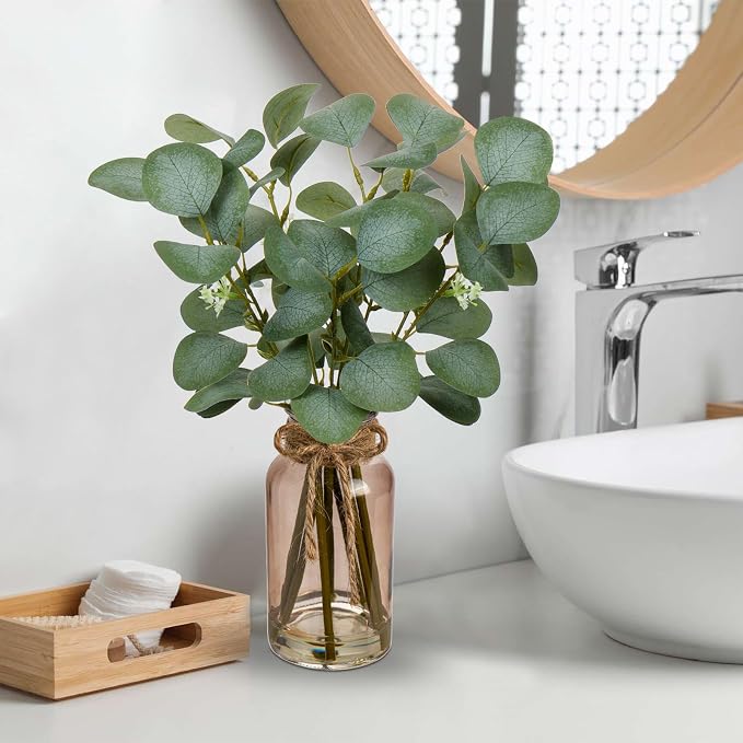 Briful Artificial Eucalyptus Stems in Teal Glass Vase - Image 3