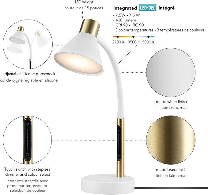 Globe Electric 62000035 15" LED Integrated Desk Lamp, Matte White, Brass Accent - Image 13