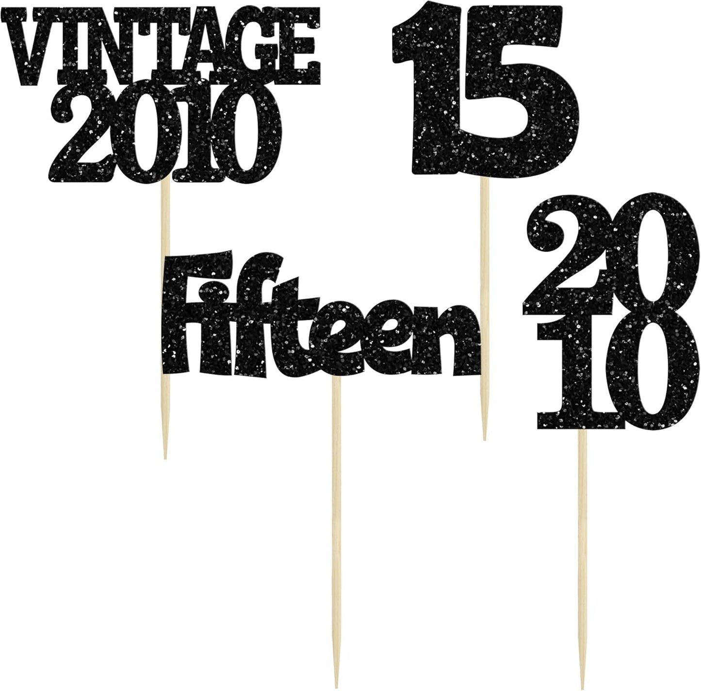 Gyufise 24Pcs 15th Birthday Cupcake Toppers Glitter Fifteen Vintage 2010 Sweet 15 Cupcake Picks Hello 15 Years Birthday Cake Decorations for Happy 15th Anniversary Party Supplies Black