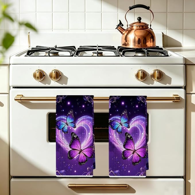 2 Pcs Purple Butterfly Kitchen Towels, Butterfly Soft Absorbent Tea Hand Towel - Image 5