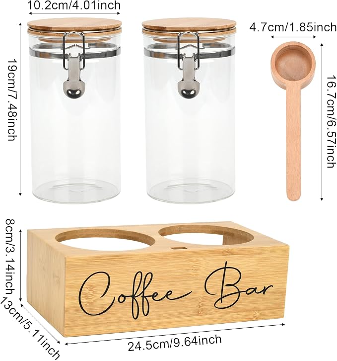 Glass Coffee Canister Set with Bamboo Shelf & Spoon - Image 2