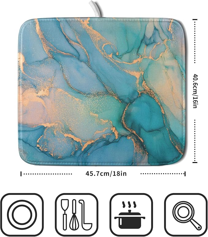 Marble Dish Drying Mat for Kitchen Counter Blue Teal Turquoise Gold Drying Mat - Image 2