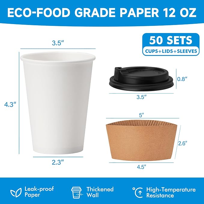 RACETOP 50 Pack 12 oz Disposable Paper Coffee Cups - Image 2