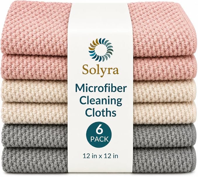 Solyra Non-Toxic Microfiber Kitchen Cleaning Cloths, 6 Pack, 12 x 12 in | by Solyra