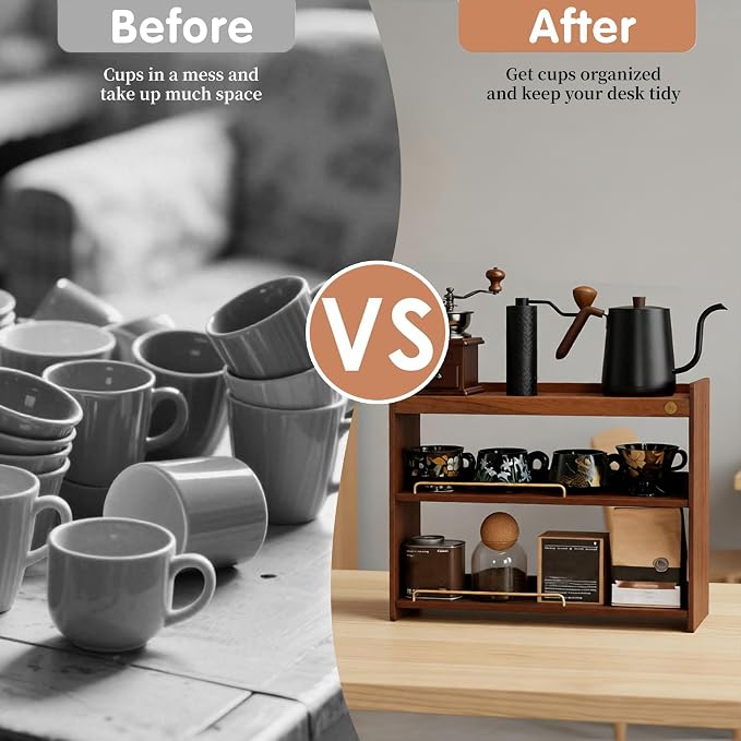 Wooden Cup Holder Walnut 3 Tier Shelf Organizer | Coffee Station Organizer - Image 5