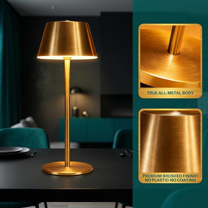 Gold Cordless Table Lamp, Premium All-Metal Brushed Wireless Rechargeable Lamp - Image 2