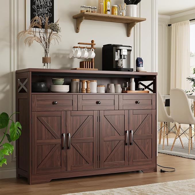 51" Dark Brown Buffet Sideboard Cabinet, Farmhouse Storage Cabinet Kitchen by FiveWillowise