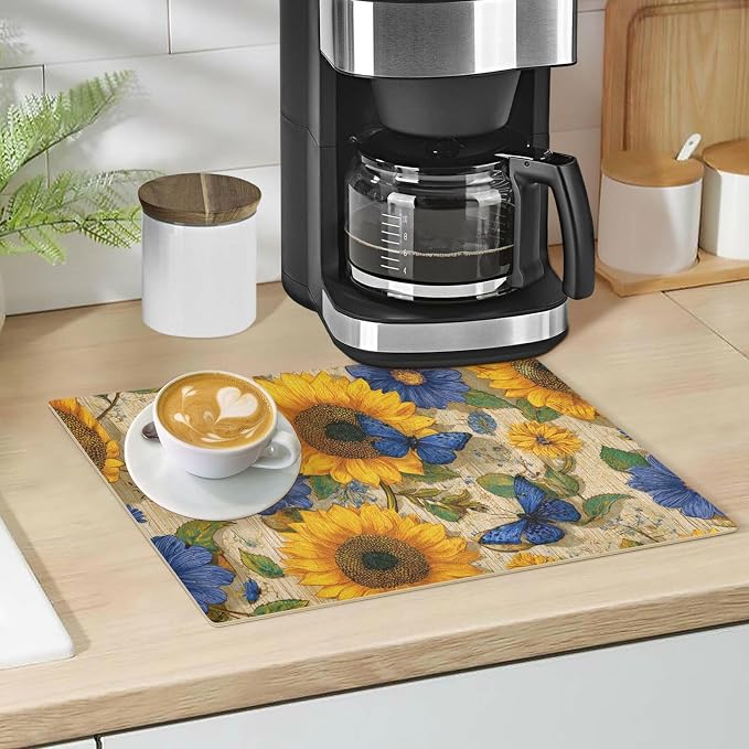 Beige Sunflower Butterfly Ladybug Coffee Mat Coffee Bar Maker Backed Absorbent - Image 5