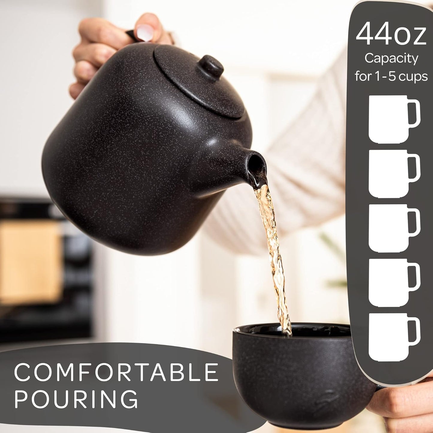 Steinzeit Design Tea Pot with Warmer (44 oz) - Premium Ceramic Teapot with Infuser for Loose Tea - Black Teapot Ceramic with Removable Steamer