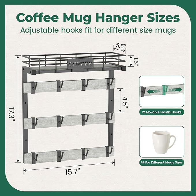 EsLuker.ly Coffee Mug Holder Wall Mounted Display Rack, Metal Cup Hanger - Image 5