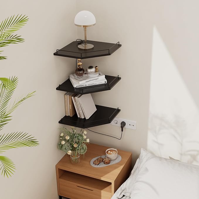 JJL Corner Shelf with Rails, 3-Tier Hexagon Floating Corner Shelf Wall Mounted - Image 2