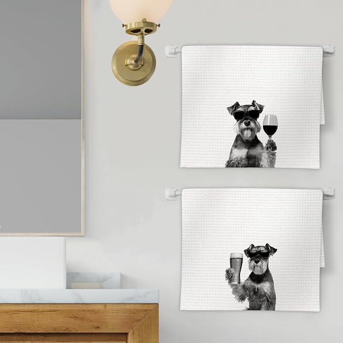 Gifts for Mini Schnauzer Dog Wine Lovers Kitchen Towels Set of 2, Schnauzer - Image 2
