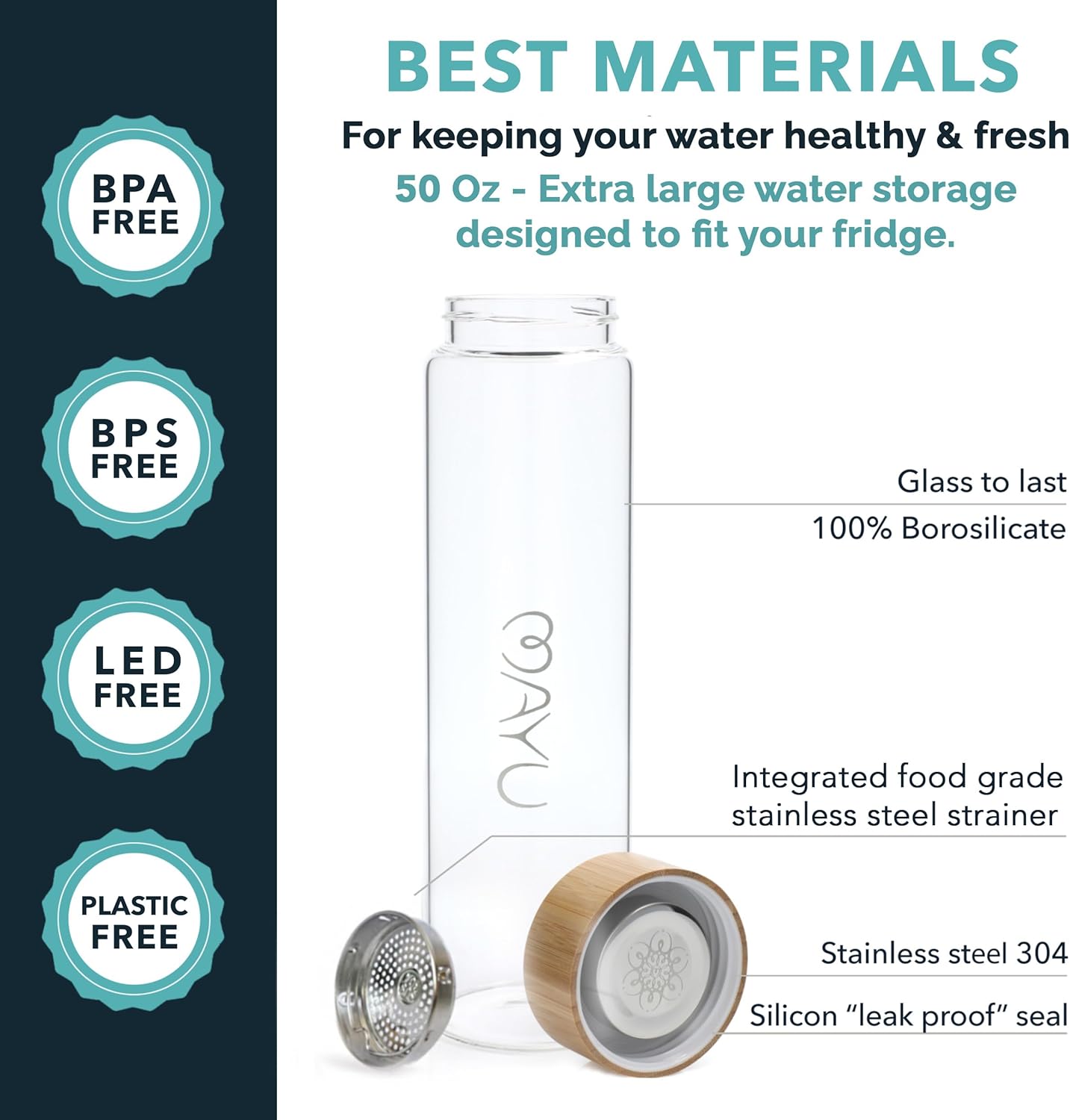 mayu Portable Container Water Bottle With Bamboo Lid - Eco Friendly & BPA Free Borosilicate Glass Infuser Bottle - Leak Free Design - For Storage, Everyday Use And Non-Toxic Hydration - 51oz 1.5L
