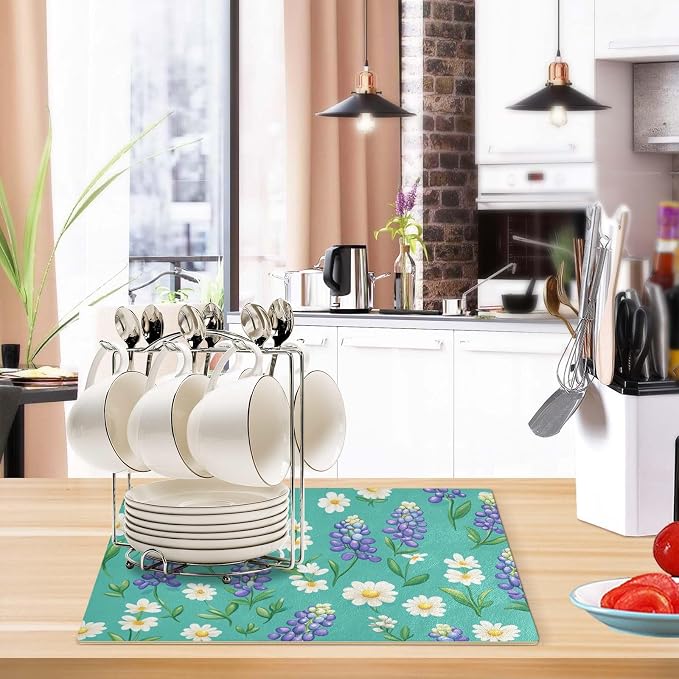 Green Bluebonnet and Daisies Coffee Mat Coffee Bar Maker Station Pot Spill - Image 5