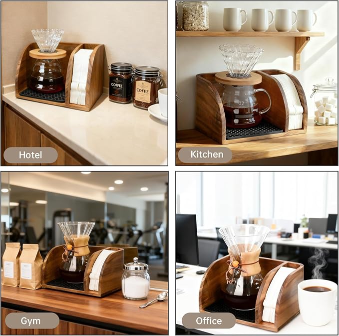 Acacia Wood Coffee Bar Station Organizer Stand, Wooden Pour Over Maker Caddy - Image 9
