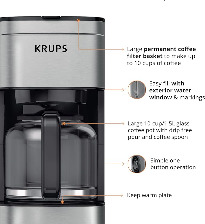 KRUPS Coffee Maker 10 Cups Simply Brew Stainless Steel Drip Coffee Maker - Image 6