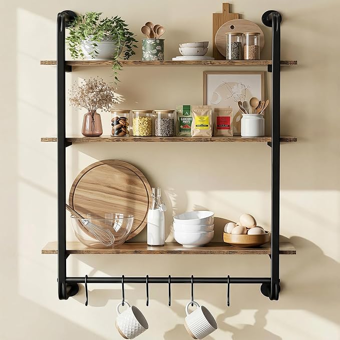 3 Tier Industrial Pipe Floating Shelf, Coffee Bar Shelves Display Bookshelf by Kssiaz