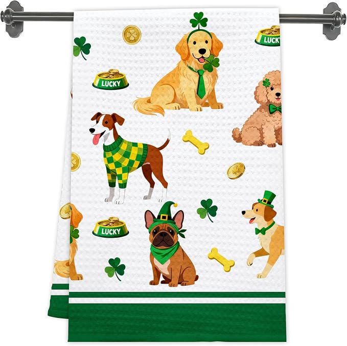 St Patrick Dog Kitchen Towels, Dog Shamrock Dish Towels, Lucky Clover Absorbent by Unknown