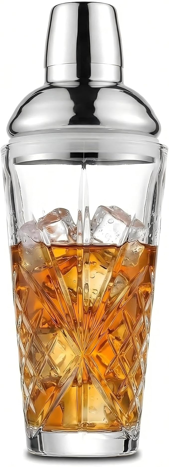 Cut Crystal Cocktail Shaker 18.5oz Sealed Lid, Mult-Use | Hidden Measuring Lid by Fioance