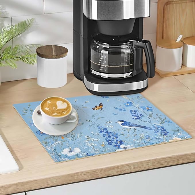 Light Blue Floral Bluebonnet Butterflies Coffee Mat Coffee Bar Maker Station - Image 4