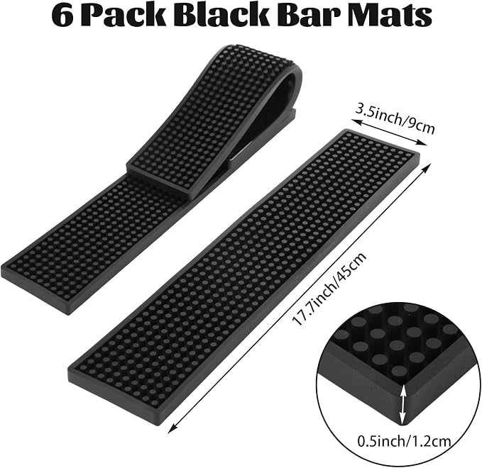 Acrux7 6 Pack Black Rubber Bar Mats, 17.7"x3.5" Non-Slip Spill Mat, PVC Bar - Image 2