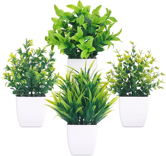 CEWOR Fake Plants 4 Packs Small Artificial Mini Plants Potted Bathroom by CEWOR