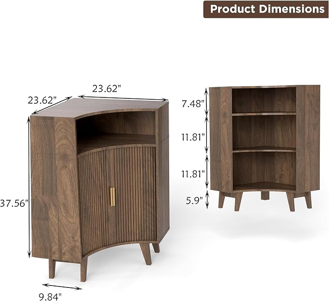 Fluted Corner Cabinet with Open Storage, Modern Floor Cabinets with Sliding - Image 2