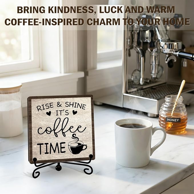 Farmhouse Coffee Bar Decor, Rise & Shine It's Coffee Time Wood Plaque - Image 3