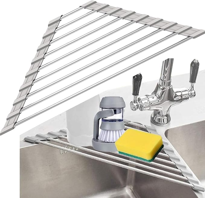 Triangle Dish Drying Rack for Sink Corner Roll Up Folding Stainless Steel by SHUYUE