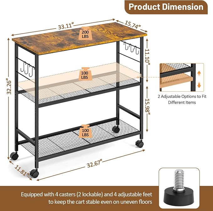 3 Tier Rolling Kitchen Microwave Cart, 33 Inch Microwave Table Stand - Image 2