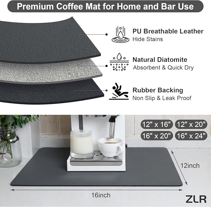 ZLR Coffee Bar Mat for Keurig & Nespresso, Dark Gray | Absorbent Dish Drying Mat - Image 3