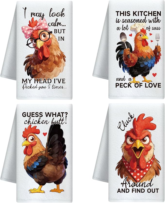 CUTHOLLOW Humorous Words & Chicken Decorative Kitchen Towels Set of 4, by CUTHOLLOW