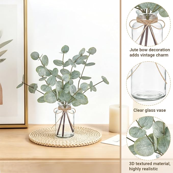 Mkono Artificial Eucalyptus Stems in Glass Vase, Fake Plants - Image 7