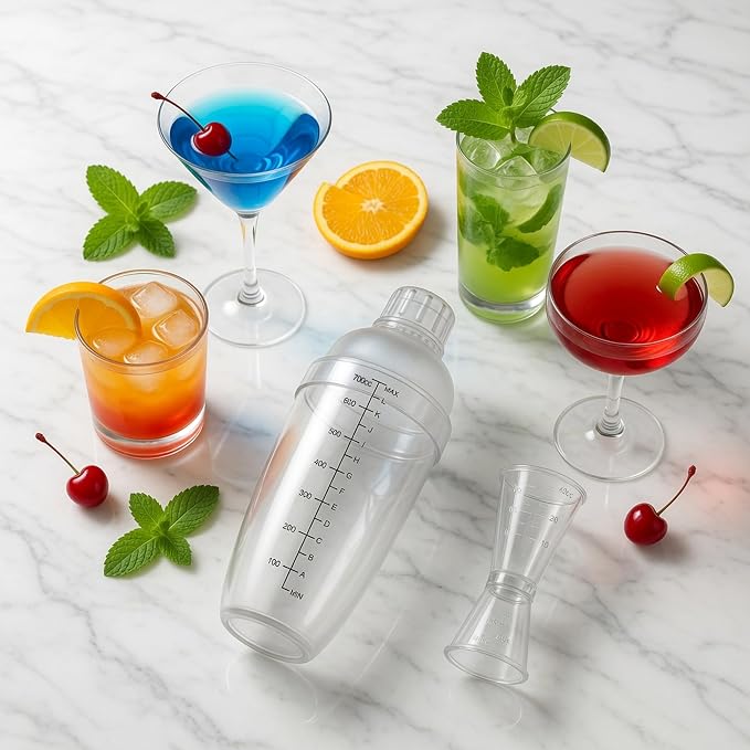 Homestia 4 Pack Plastic Cocktail Shaker Jigger Set, 700ml Clear Boston Shaker - Image 7