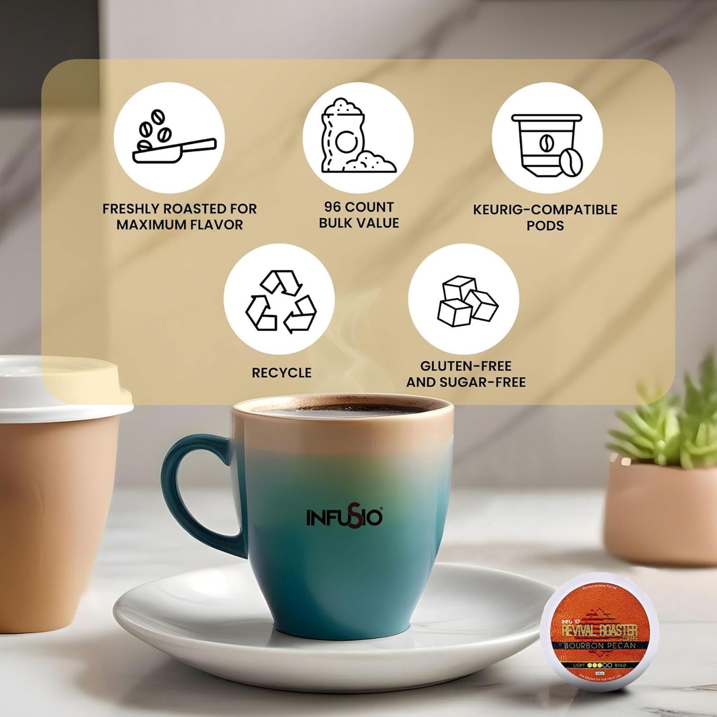 InfuSio Coffee Pods – 96 Count, Bourbon Pecan (Flavored Coffee) Single Serve Coffee Pods for Keurig K Cup® Brewers, Compatible with Keurig 2.0 Brewers