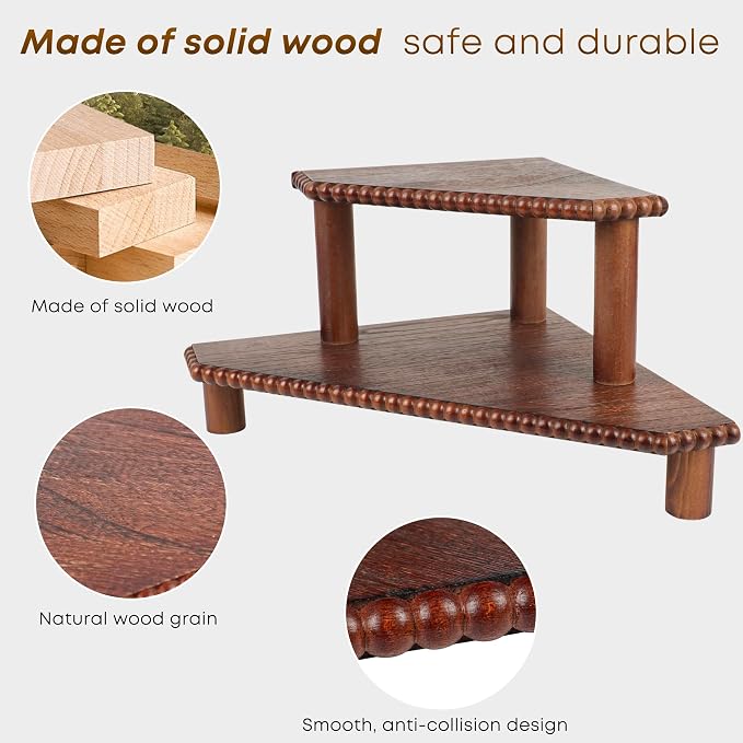 2-Tier Rustic Corner Shelf for Kitchen Counter, Wood Beaded Farmhouse - Image 5