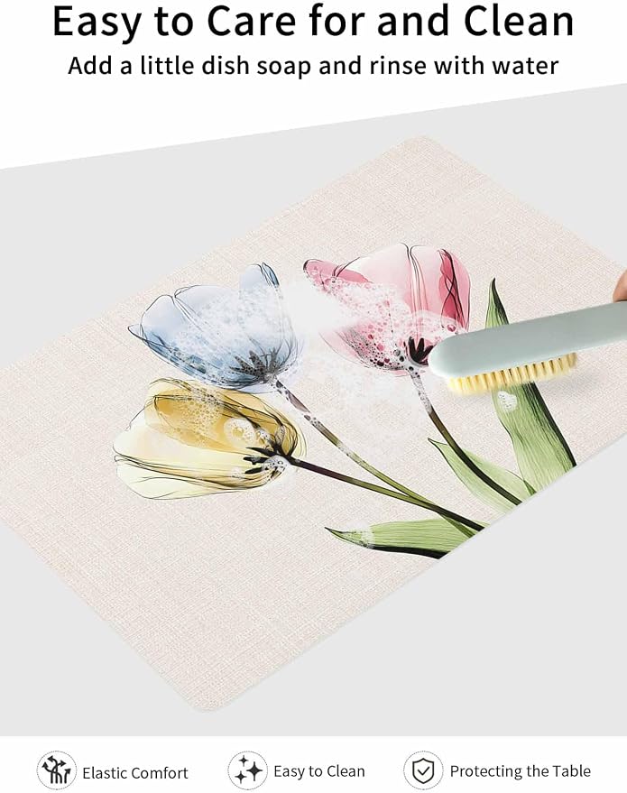 Red Yellow Blue Tulips Coffee Mat Transparent Floral Linen Retro Absorbent Bar - Image 7