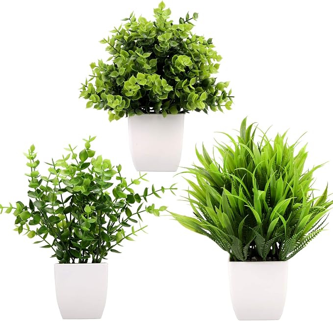 GREENTIME 3Pack Mini Fake Plants in Pots Artificial Plastic Eucalyptus Plant by Greentime