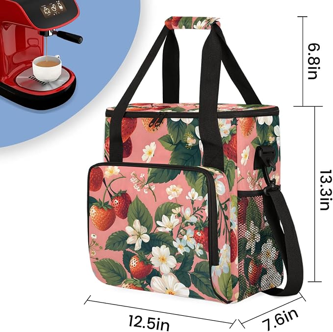 Strawberry Flower Coffee Maker Carring Bag, Large Insulated Storage Organizer - Image 2