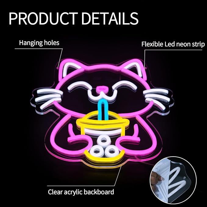 Cat Boba Tea Neon Sign for Wall Decor Dimmable Cute Cat Led Light Signs Bubble - Image 6