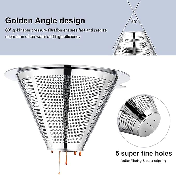 Pour Over Coffee Maker, Coffee Filter, Slow Drip Paperless Stainless Steel Cone - Image 3