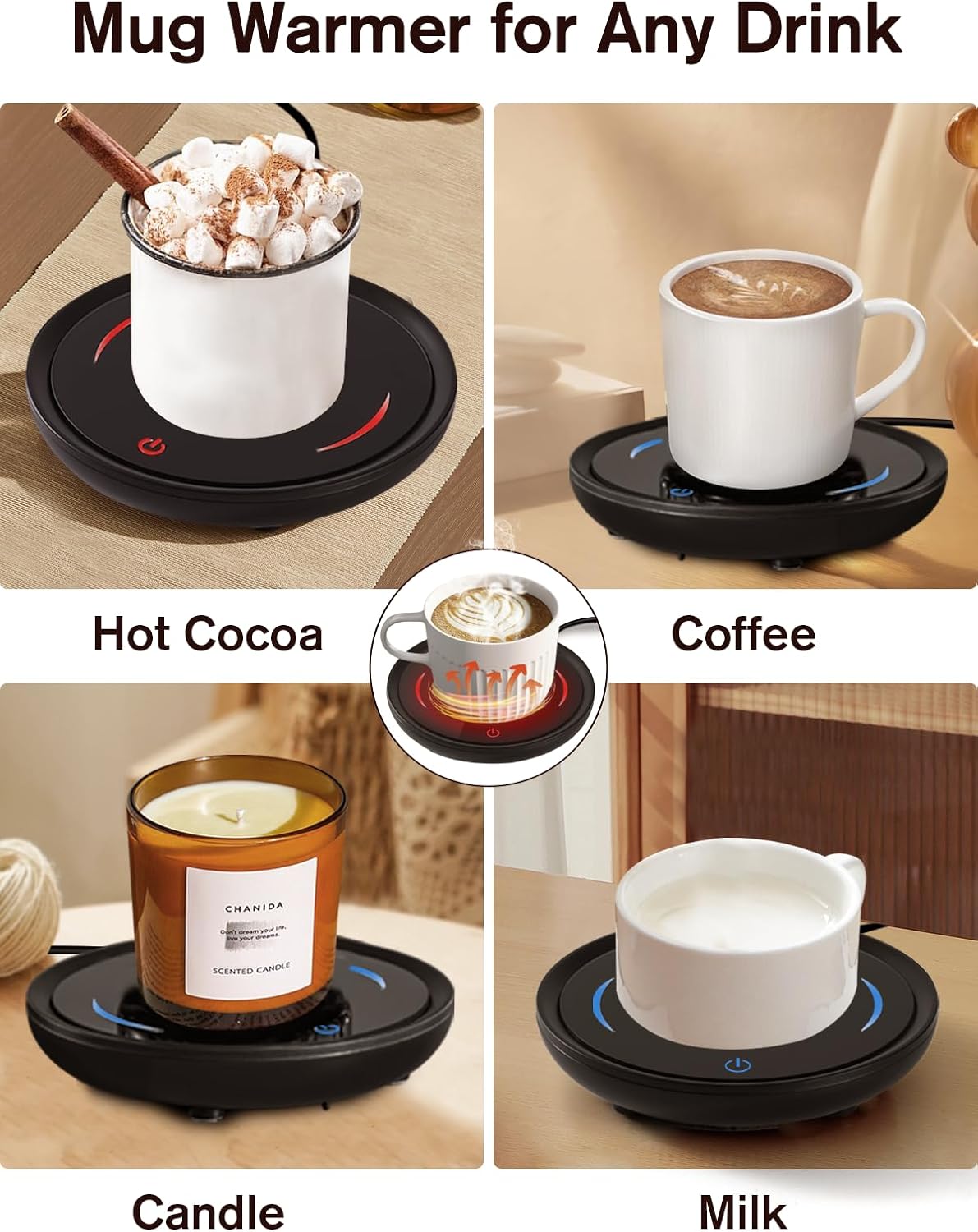 PUSEE Candle Mug Warmer, Gravity-Induction Coffee Mug Warmer for Desk with 2 Temp Settings, Auto Shut Off Coffee Cup Warmer, Beverage Warmers Heating Plate for Coffee, Tea, Milk and Candle Wax