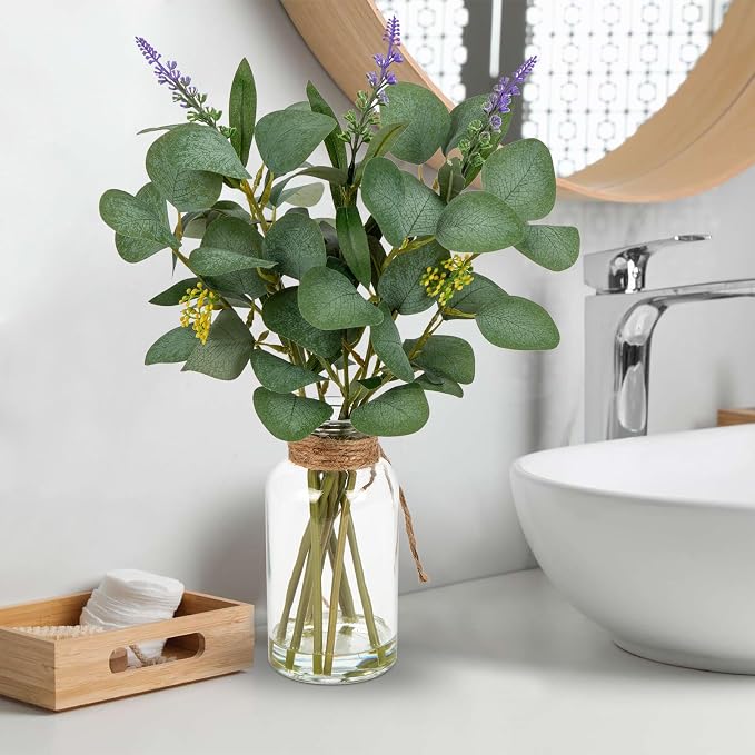 Briful Artificial Eucalyptus Stems in Glass Vase - Image 3