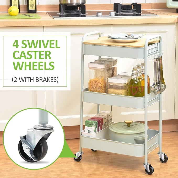 TOOLF 3-Tier Rolling Cart with Table Top, Metal Storage Cart on Wheels - Image 8