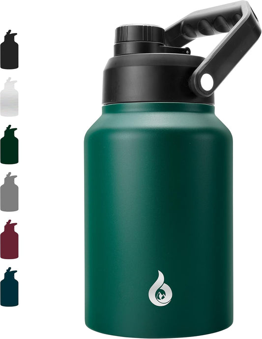 BJPKPK 64 oz Insulated Water Bottle, Dishwasher Safe Half Gallon Water Bottle with Ergonomic Handle, BPA Free Leak Proof Water Jug for Sports, Metal Thermos with Anti-slip Bottom, Army Green