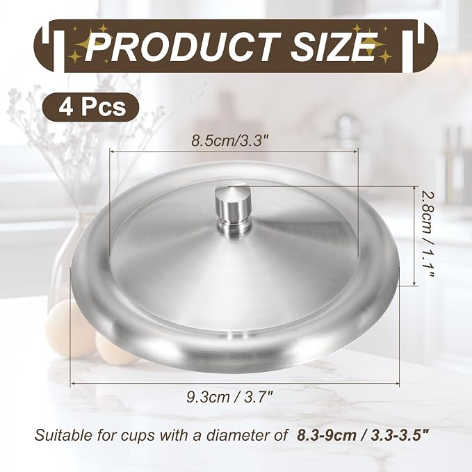 uxcell 4Pcs Stainless Steel Mug Cover, 3.7" Universal Cup Lid Dust Prevention - Image 2