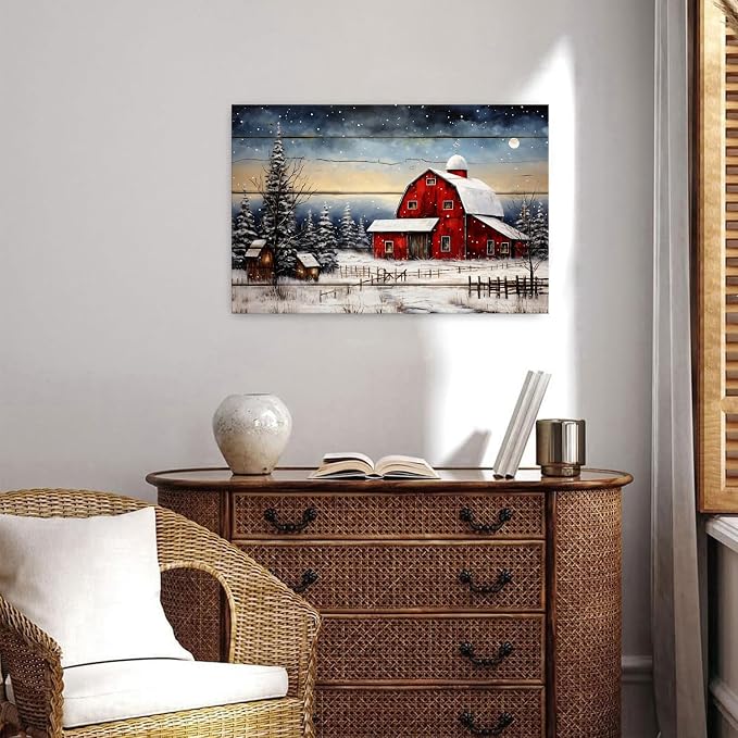 Red Barn Wall Art Snowy Winter Landscape Wall Art Christmas Home Decoration - Image 4
