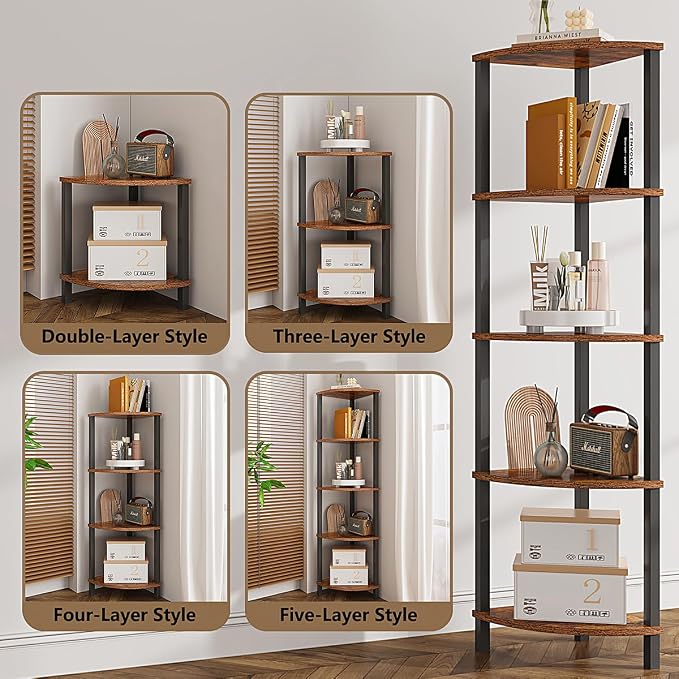 VIMBER Corner Shelf, 5-Tier Corner Bookshelf, Industrial Corner Ladder Shelf - Image 4