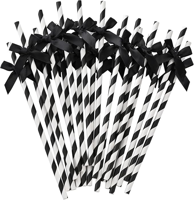50pcs Black Bow Straw, 7.7inch Biodegradable Cute Paper Cake Pops Treat Sticks by Nicime