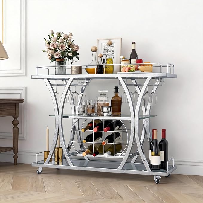 Silver Bar Carts with Glass Holders & Wine Rack, 3 Tier Home Bar Serving Carts by FABOMEI
